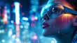 © progressman - a woman wearing a pair of futuristic goggles in front of a cityscape at night