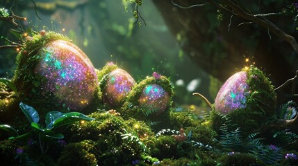 Magical Easter landscape with glittery eggs nestled in a bed of moss and ivy, leaving room for text. Enchanting and detailed.