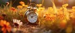 © Daisha - Vintage alarm clock on meadow with flowers. Time concept