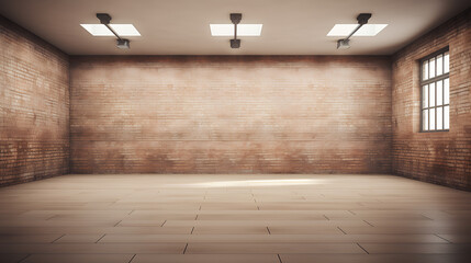 Wall Mural - Large spacious empty room with brown brick walls.