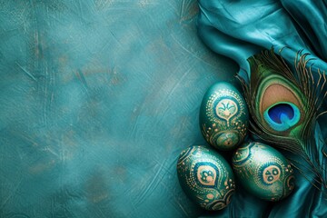 Wall Mural - Stately Easter display with eggs featuring peacock feather patterns, elegantly set against a background of teal satin, with space for text.