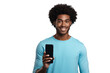 © The Stock Guy - Smiling African-American guy holding smartphone, isolated on white background