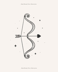 Cupid's bow shoots an arrow of love into the stars. Symbol of romantic love and wedding in linear style. Valentine's day vector illustration. Atribute of Amur - the god of love.