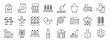 Set Of 24 Outline Web Agriculture And Farming Icons Such As Fertilizer, Potting Soil, Water Well, Farming, Gardening Tool, Water Bucket, Tractor Vector Icons For Report, Presentation, Diagram, Web