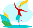 Blonde woman dancing joyfully, cartoon style with abstract leaves. Happy young female celebrating, colorful vector illustration.