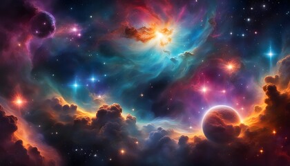 Wall Mural - wallpaper of cosmic scene featuring a vibrant and colorful nebula with swirling gases and celestial wonders background.