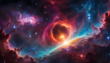 Wall Mural - wallpaper of cosmic scene featuring a vibrant and colorful nebula with swirling gases and celestial wonders background.