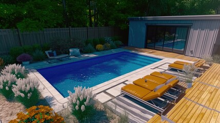 backyard patio with a beautiful pool, lounge chairs and flowers. Modern style architect 