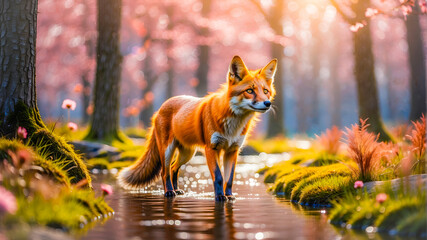 Wall Mural - A fox in the spring forest