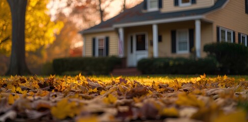 autumn with the leaves laying out in front of the house, in the style of subtle atmospheric perspective, serene pastoral scenes. generative AI