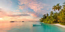 Panoramic Of Island And Beach In The Maldives At Sunset