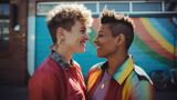 Fototapeta Miasto - portrait of a LGBT couple in the city