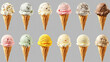 Ice cream scoop on waffle cone on transparent background cutout, PNG file. Many assorted different flavour Mockup template for artwork design