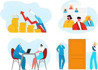 Wall Mural - People search for job vector illustration. Business employee candidate concept, hr work recruitment interview. Hiring person, employment for man woman character in cartoon company.