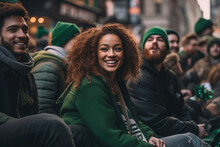 St. Patrick's Day, An Afro-Latin Woman Watching A Parade And Celebrating Smiling And Dressed In Green.