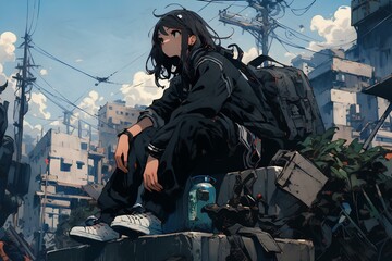 a comics artwork of japanese anime girl in a squatting pose, a dark alley in the background, with trashcans, junk. generative AI