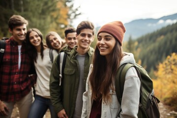 Wall Mural - Group of happy friends hiking in the mountains