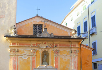 Church of San Rocco in the city centre of Lerici in the Gulf of La Spezia in Italy with blue sky on a summer evening