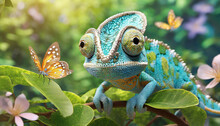 Illustration Of A Cute Baby Chameleon Lizard In 3D In A Garden Of Butterflies And Lush Greenery.