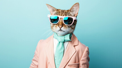 A cool cat wearing sunglasses and a pastel color suit with a tie. Funny kitten. AI Generative