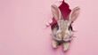 Bunny peeking out of a hole in pink wall, fluffy eared bunny easter bunny banner. AI Generative