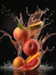  water splash fruit on a black background 