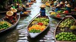Floating market in Thailand with boats full of colorful fruits and vegetables