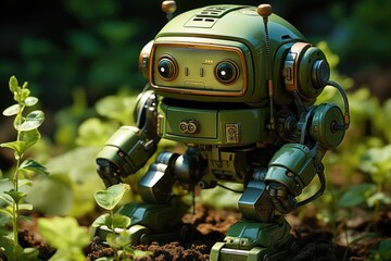 A miniature mechanical companion surveys its natural surroundings, a symbol of technology and nature coexisting in harmony