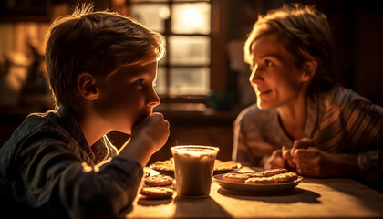 Canvas Print - Smiling family enjoying a sweet meal in their cozy home generated by AI