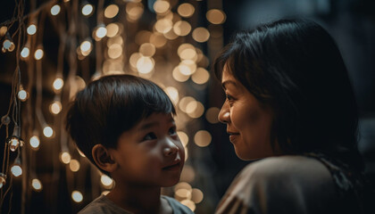 Two boys smiling, bonding with their cheerful mother in illuminated indoors generated by AI