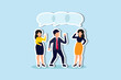 © B Design - Teamwork share opinion, team meeting sharing idea to solve problem, discussion and thought in business meeting concept, businessmen and women working team speak with shared their thought speech bubble