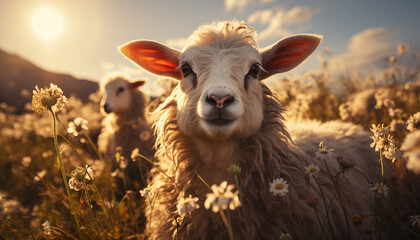 Canvas Print - Cute young lamb grazing in green meadow at sunset generated by AI