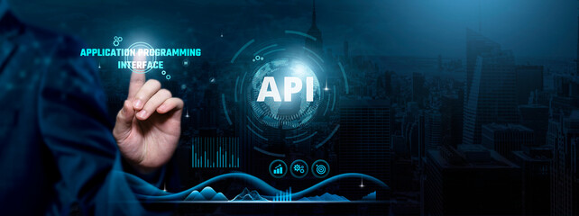 API Integration, Seamless Connectivity, Cutting-edge Solutions, Businessman touch API-related text on the global network cyberspace, technology, and innovation concept.