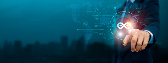 Wall Mural - global business structure of network. businessman touch devops icon and internet technology on a vir