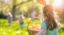 Young Girl With Bunny Ears Holding Easter Egg Basket Outdoors