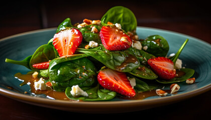 Poster - Freshness and sweetness of strawberry fruit on a green leaf plate generated by AI