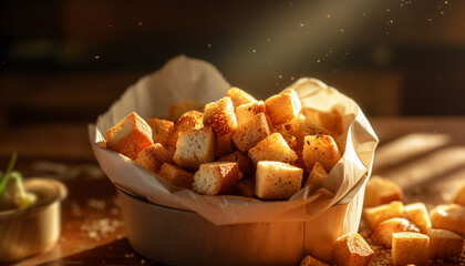 Poster - Freshness of homemade bread on rustic wood table, a gourmet snack generated by AI