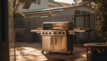 Canvas Print - Wooden barbecue grill table with modern steel appliance for cooking food generated by AI