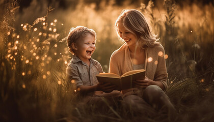 Poster - Child reading book, family smiling, boys outdoors, caucasian ethnicity bonding generated by AI