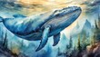 The watercolor of the blue whale under the sea.