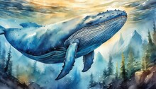 The Watercolor Of The Blue Whale Under The Sea.