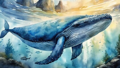 Wall Mural - The watercolor of the blue whale under the sea.