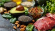 Keto-Friendly Ingredients: Close-up shots of keto-friendly ingredients nuts, seeds, lean meats, and green leafy vegetables, arranged in a visually appealing manner