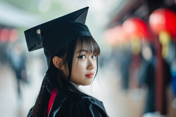 Wall Mural - Beautiful Asian girl wearing black graduation cap and gown and posing casual in outdoors
