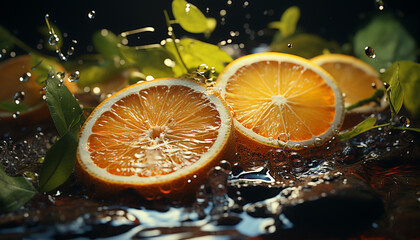 Sticker - Fresh citrus slice, juicy and refreshing, in a water wave generated by AI