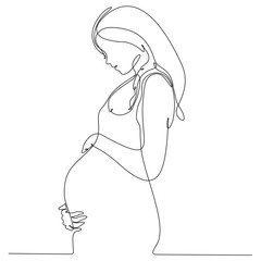 Wall Mural - Continuous Line Drawing Pregnant Woman. Single Line Drawing of Pregnant Woman. Happy Mom Minimalist Contour Illustration