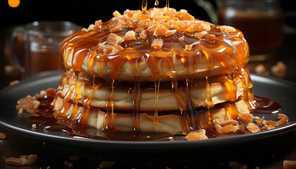 Sticker - Freshly baked pancake stack with melted chocolate and caramel sauce generated by AI