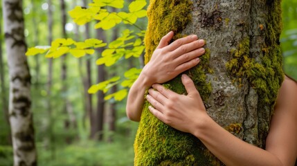 Wall Mural - Hands hugginf big tree with green moss in forest. People protect pollution and climate change, Nature protection, Environmental conservation