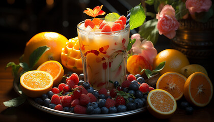 Canvas Print - Fresh fruit cocktail on wooden table, a refreshing summer drink generated by AI