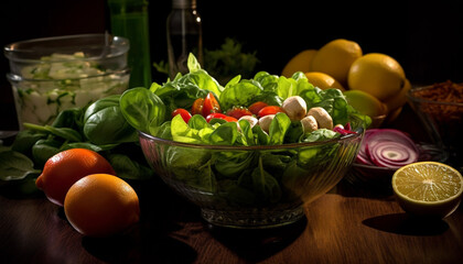 Poster - Freshness of organic vegetables, healthy salad with tomato and lemon generated by AI